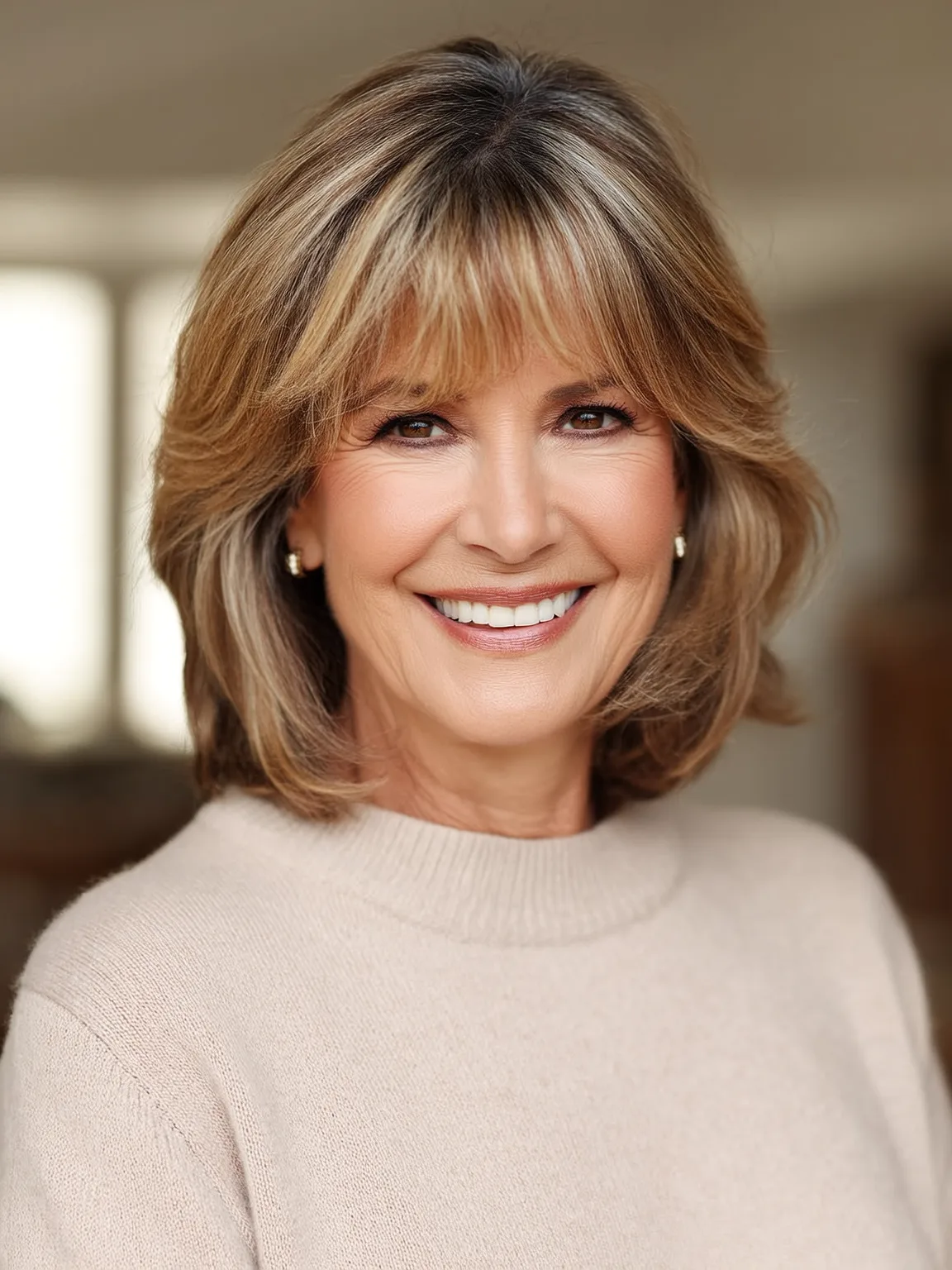 Voluminous Layered Shoulder-Length Caramel Brown Bob